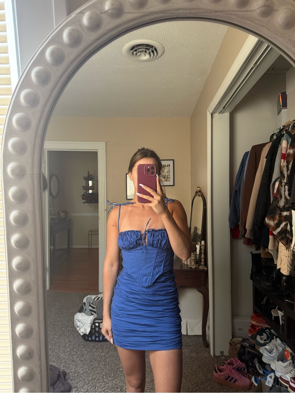Oh Polly Blue Ruched Mini Dress with Tie Straps